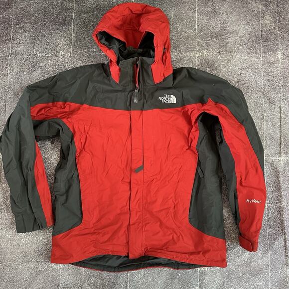 Men's The North Face Red Gray Hyvent Fleece Lined Hooded Windbreaker Jacket Sz L - Picture 1 of 5